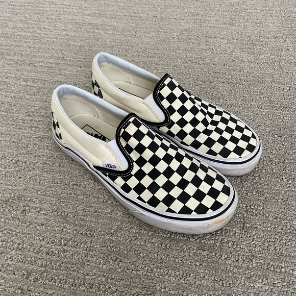 Vans Shoes - Cream and Black checkered slip-on Vans